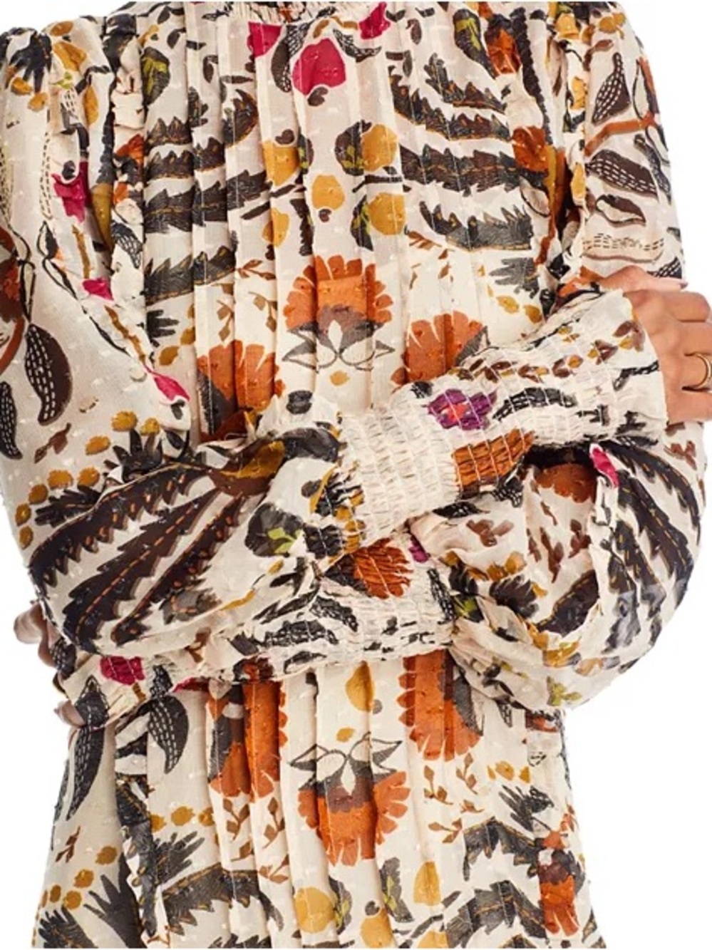 FARM Rio Palms Paradise Cream Floral Smocked High-Neck Long-Sleeve Mini Dress - Picture 6 of 15